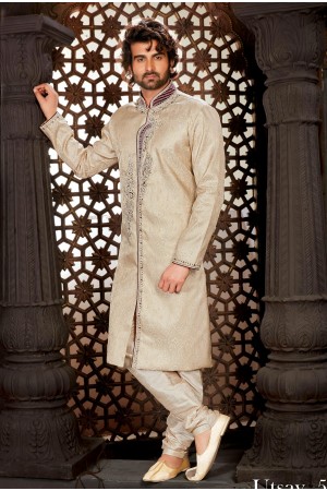 Designer Brocade Cream Indo Western Sherwani